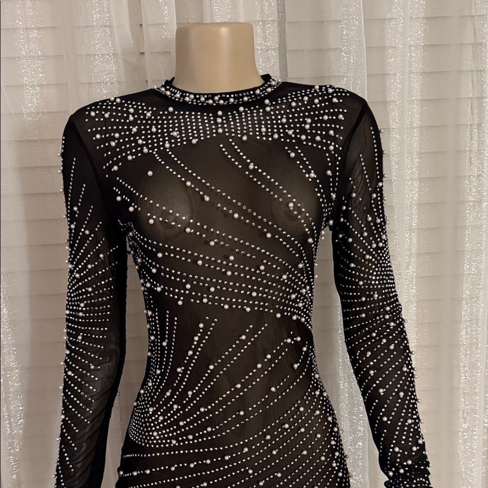 Elegant Black Sheer Dress with Rhinestone Detailing - Picture 2 of 7